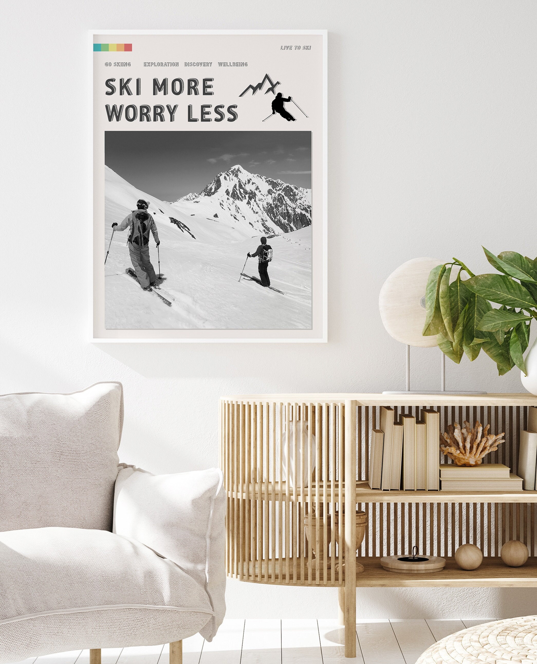 Ski More Worry Less Poster Skiing Alps Outdoor Adventure Art | Etsy