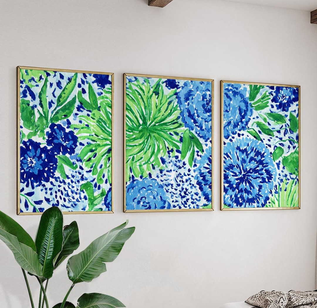 Blue Green Botanical Wall Art Set | Watercolor Floral Triptych Posters ...