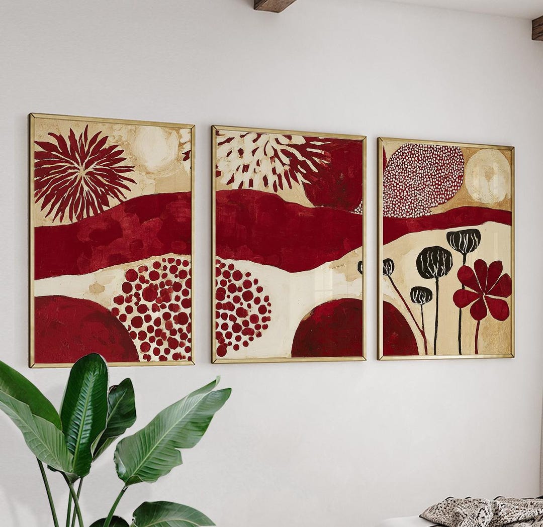 Red Beige Abstract Floral Posters Set of 3 | Modern Botanical Wall Art ...