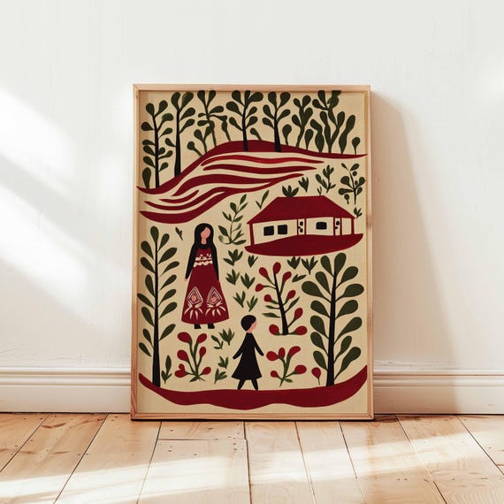 Palestine Poster, Middle East Poster, Palestinian Folk Art Print, Olive Tree Wall Art, Rural Village Decor, Cultural Posters And Prints