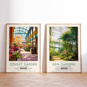 Covent Garden & Kew Gardens Poster Set, Vintage London Travel Prints, Botanical Market Print, British Decor, Floral Illustration