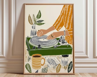 Kunstprint retro platenspeler, decor muziekstudio