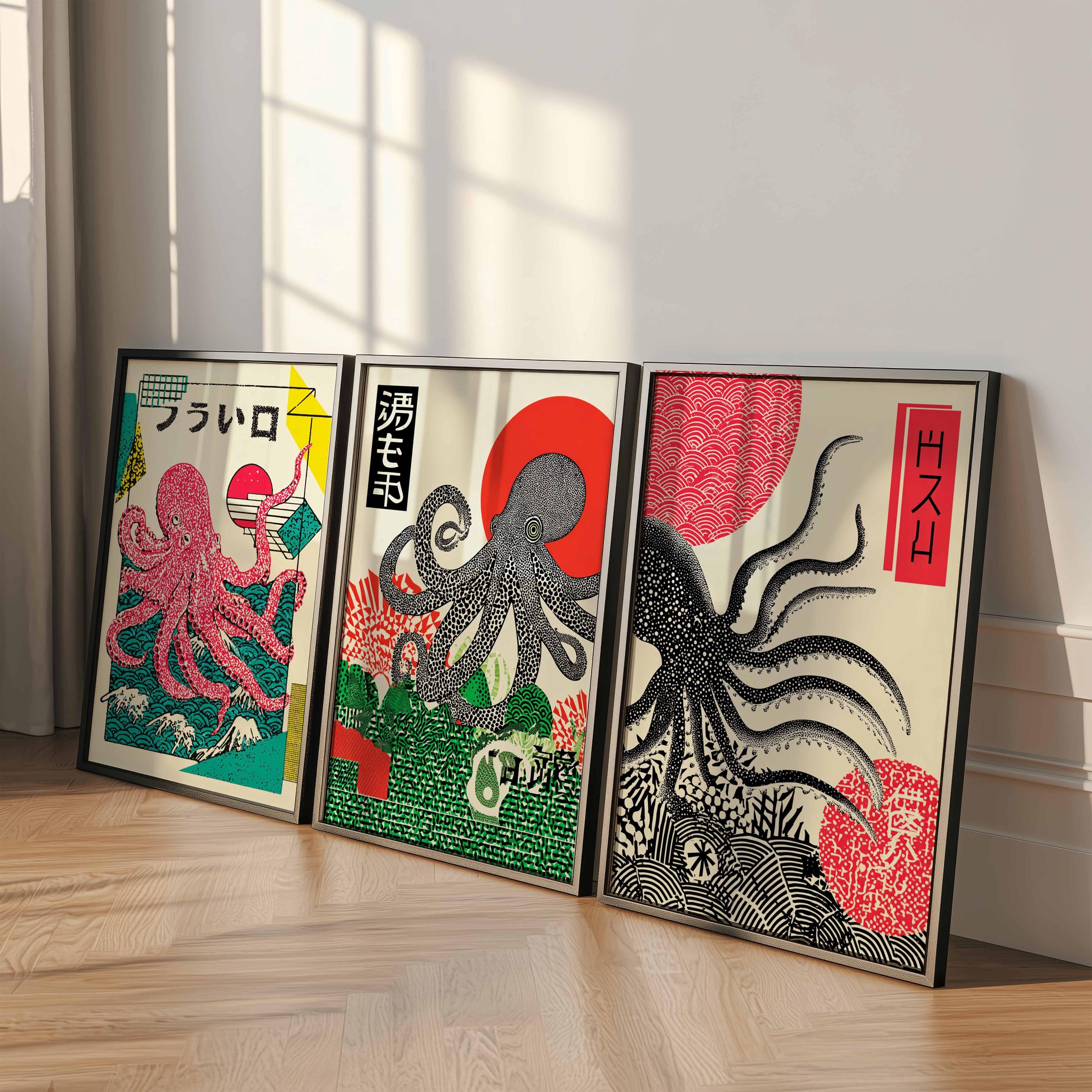 日本のタコアートプリントセット |レトロ浮世絵マリンデコレーション