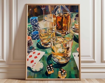 Whiskey and Poker Print, Vintage Bar Art, Casino Game Poster