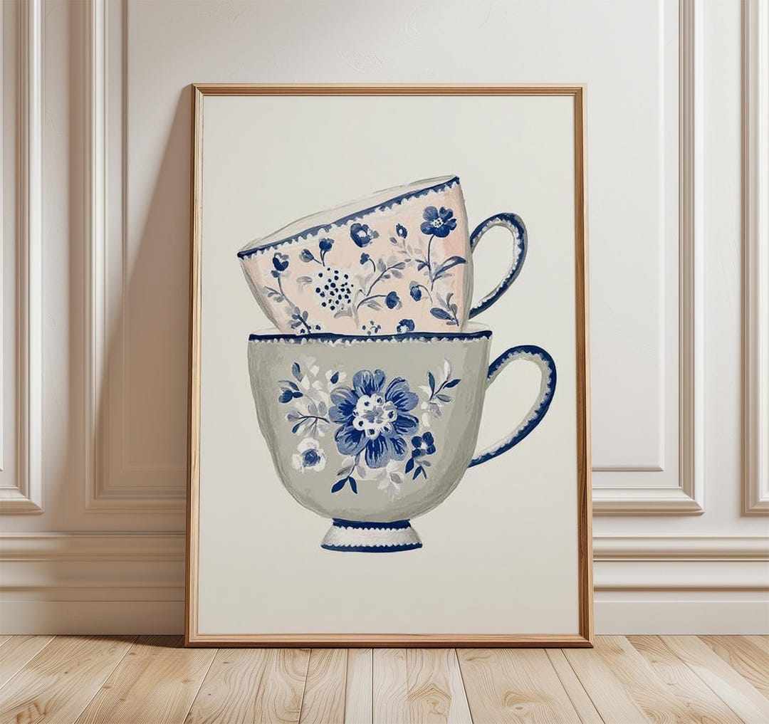 Blue Tea Poster Stacked Floral Tea Cup Poster, Elegant Kitchen Wall Art Print, Blue and ...