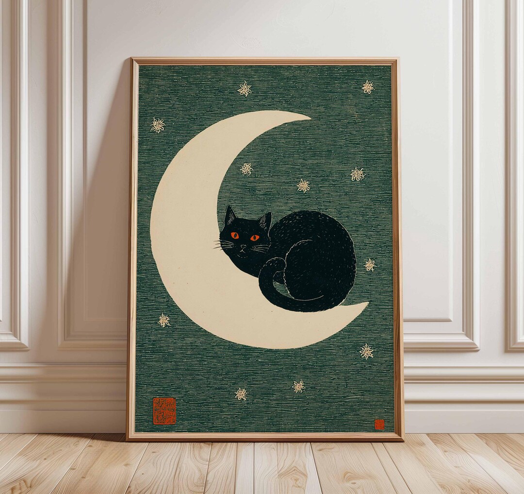 Black Cat Poster, Japanese Minimalist Moon Wall Art Print, Modern Zen ...