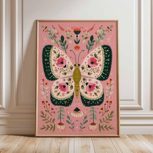 Lebendige Schmetterlingskunst Druck, Boho Botanisches Poster, Cottagecore Wandkunst, Rosa & Grüne Galeriewand, moderne Volkskunst, Naturliebhaber Geschenk