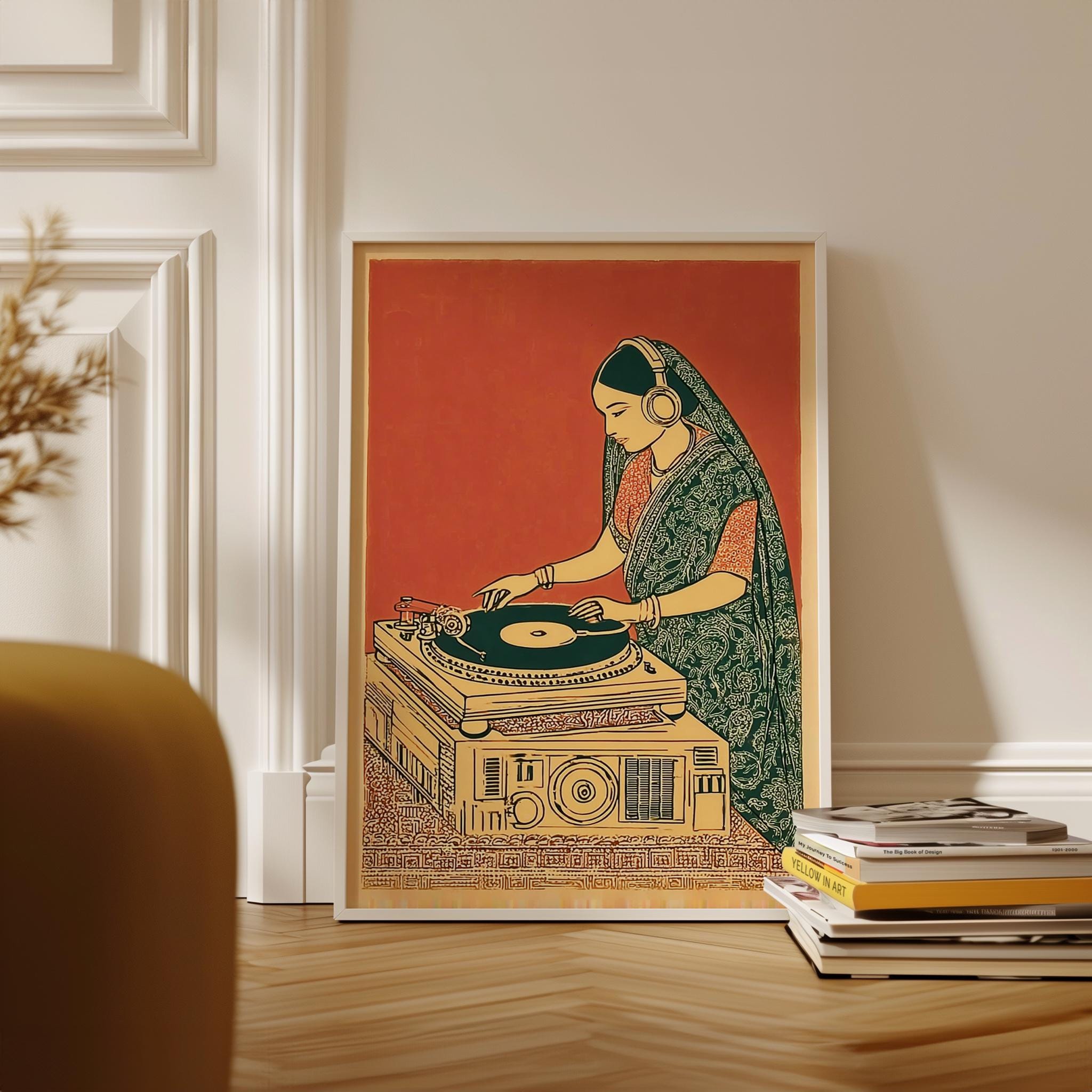 DJ in Sari Poster, Vintage Woodblock-style Illustration - Etsy