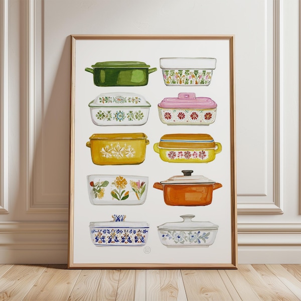 Vintage Pyrex Wall Art, Retro Kitchen Print, Mid Century Dish Poster, Colorful Home Decor, Watercolor Illustration, Nostalgic Kitchen Art