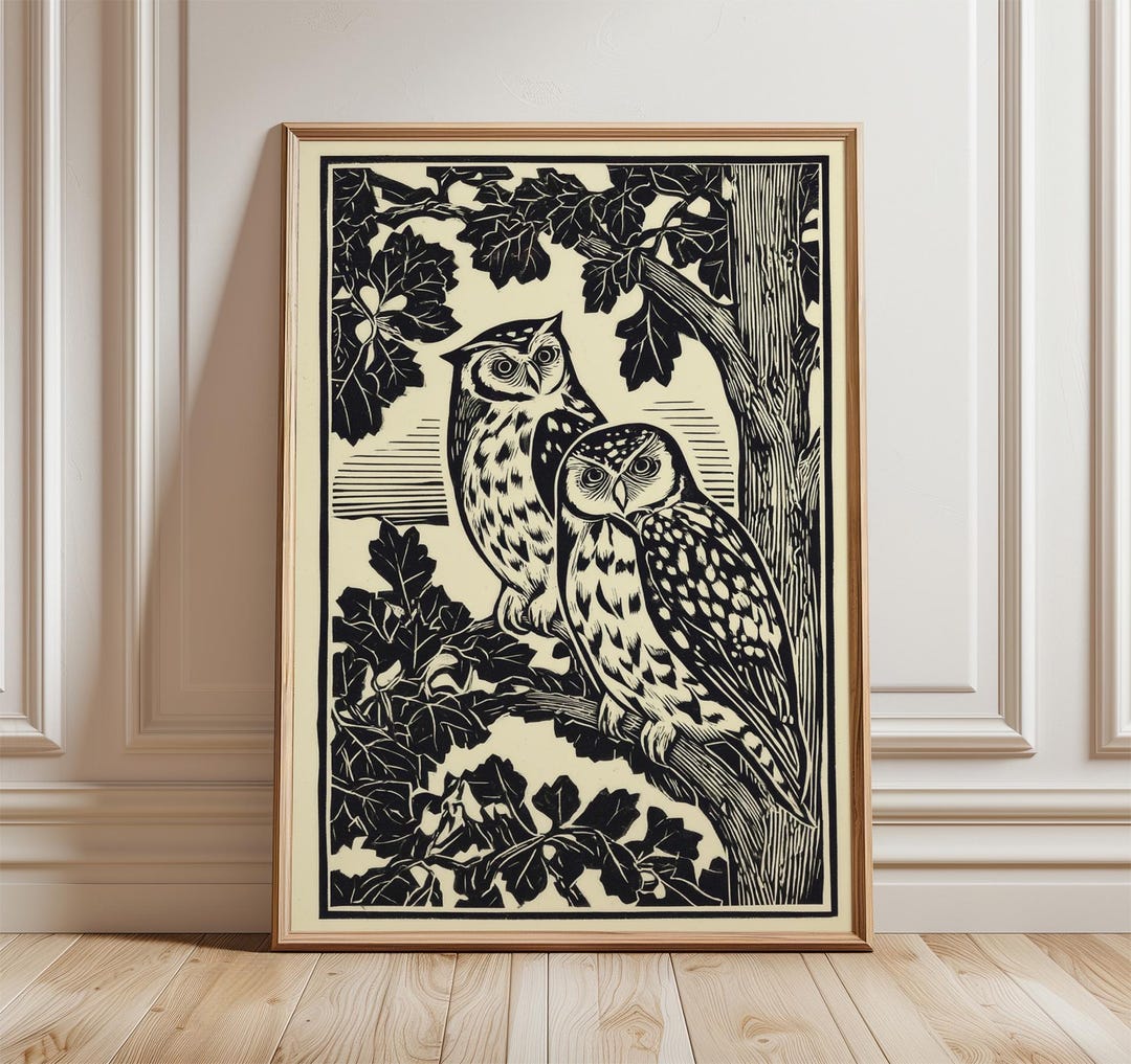 Linocut Owl Art Print, Black and White Nature Poster, Woodland Bird ...