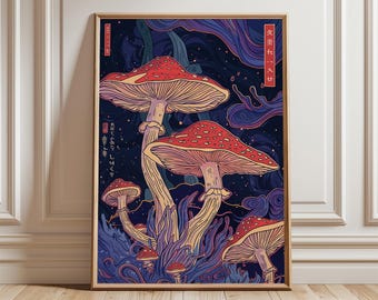 Pôster de cogumelo japonês, estampa botânica psicodélica, arte de parede boho