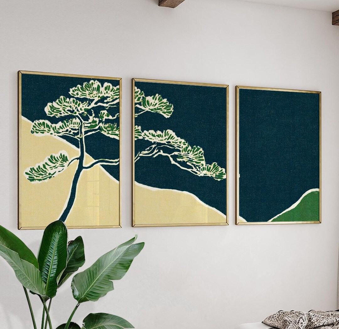 Japanese Pine Tree Wall Art Poster Set | Green Botanical Landscape ...