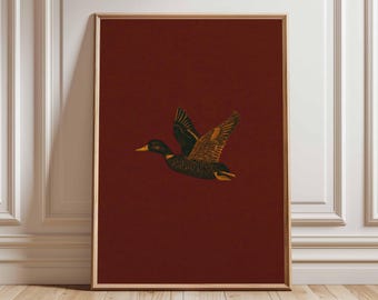 Stampa vintage di un'anatra volante, decorazione murale rustica con animali selvatici
