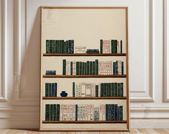 May include: A framed wall art print featuring four wooden shelves filled with a collection of books in various shades of green, white, and dark blue, along with a small dark blue vase, all set against a light beige background.