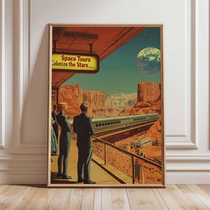 Póster retro de ciencia ficción, decoración cósmica surrealista de los años 70, póster espacial futurista, impresión de paisaje vintage, obra de arte espacial para dormitorio y sala de estar.