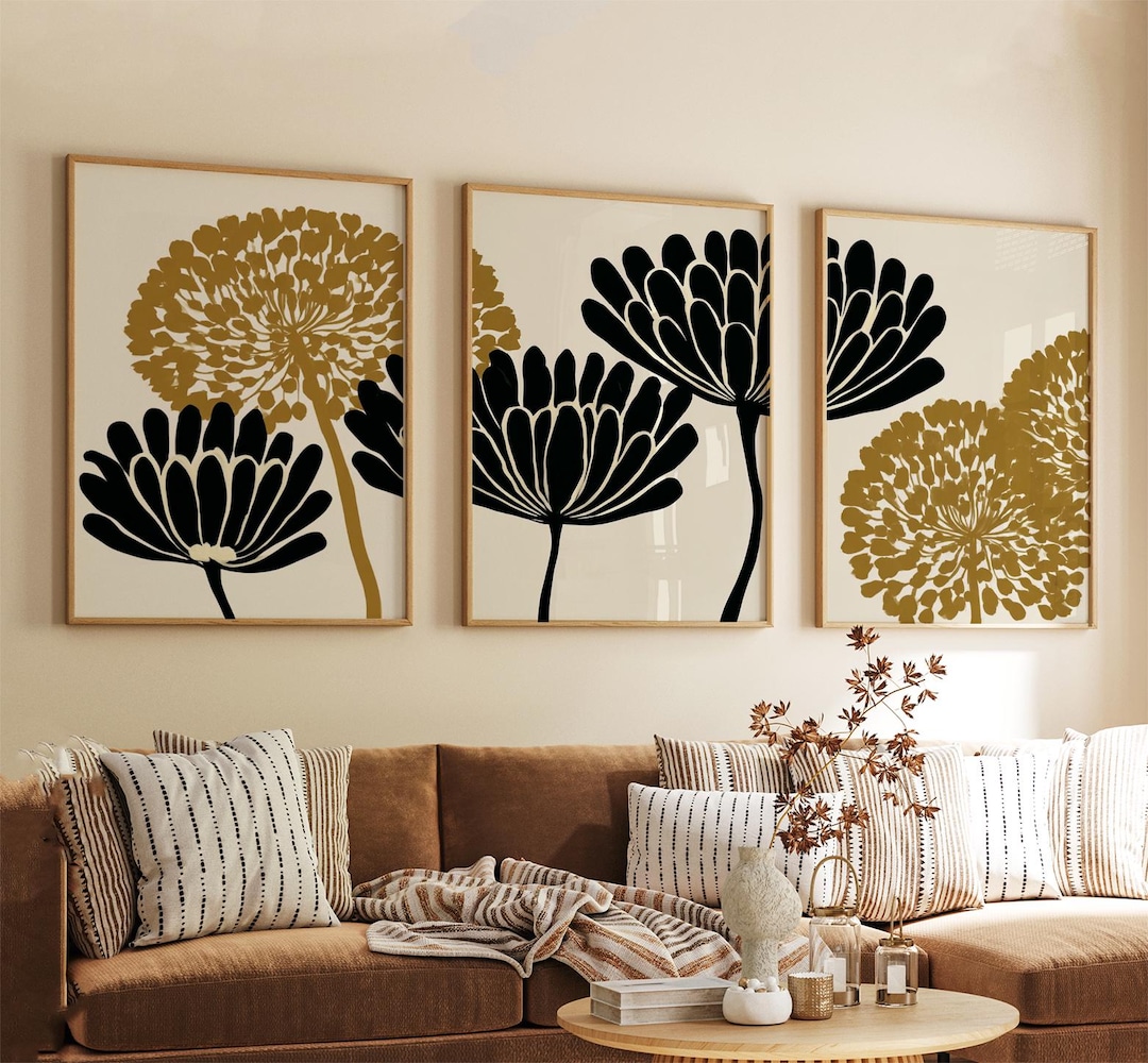 Black and Gold Botanical Flower Poster Set | Abstract Floral Wall Art ...