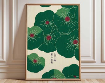 Lámina artística de loto japonés – Decoración de pared zen botánica verde