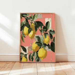Zitrone, Art Print, botanische Küche, modernes Obst Illustration, Zitrusfrucht Wandbild, einzigartiges Geschenk zur Einweihung, rosa und grünes Poster