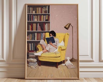 Reading Nook Wall Art | Cozy Library Poster | Vintage Style Book Lover Print | Girl Reading Artwork | Home Study Decor