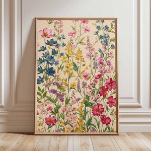 Wildflower Wall Art Print, Colorful Botanical Poster with Pink, Blue and Yellow Flowers, Cottagecore Nature Artwork for Home Decor