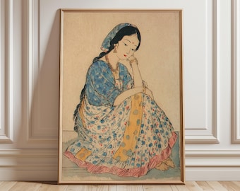 Indian Woman Portrait Print, Vintage Watercolor Saree Painting, Boho Decor