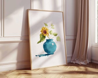 Watercolor Sunflower Print, Blue Vase Botanical Art