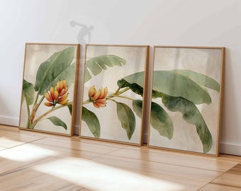 Set di stampe artistiche con foglie di banano, decorazione murale botanica tropicale verde