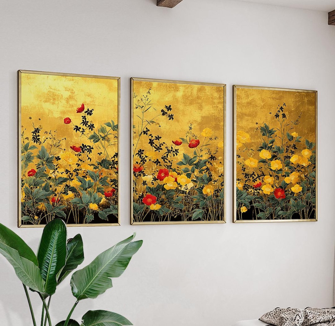 Gold Floral Botanical Wall Art Posters | Vintage Japanese Style | Set ...