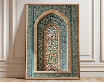 Emerald Mosque Door Print, Islamic Architecture Wall Art, Oriental Calligraphy Poster, Middle Eastern Decor, Cultural Heritage Design
