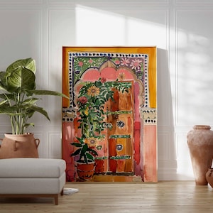 May include: A watercolor painting of a colorful door with a floral design. The door is painted in shades of pink, orange, and yellow, and the flowers are in shades of red, yellow, and green. The painting is framed in a simple wooden frame.