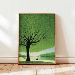 Riesiges grünes Baum Poster, friedliche Natur Wand Kunst Druck, ruhige Landschaft Illustration, beruhigende Baum Szene Dekor für Schlafzimmer oder Wohnzimmer