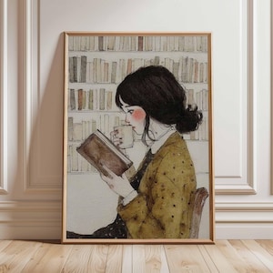 Gemütliche Lesewandkunst | Poster mit Buchliebhaber | Aquarell Mädchen Print | Bibliothek Dekor | Literarisches Schlafzimmer Kunstwerk