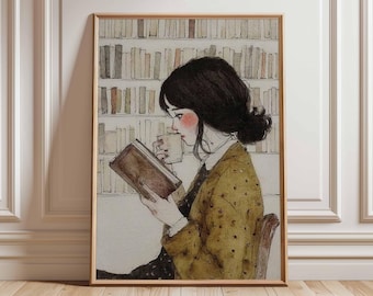 Watercolor Girl Reading Print | Cozy Library Wall Art