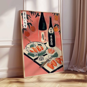 Traditional Japanese Sushi Food Poster, Japanese Cuisine Print, Kitchen Wall Decor, Food Art, Vintage Food Poster, Asian Food Illustration