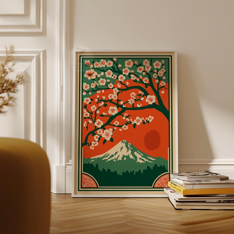 Mount Fuji Cherry Blossom Print | Retro Japanese Landscape Poster ...