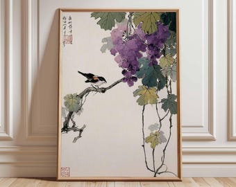 紫ブドウの中国水墨画、アジアの水彩フルーツアート、エレガントな