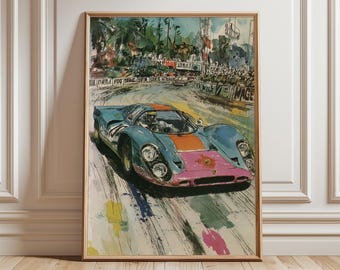 Le Mans Racing Poster, Vintage Porsche Watercolor Art