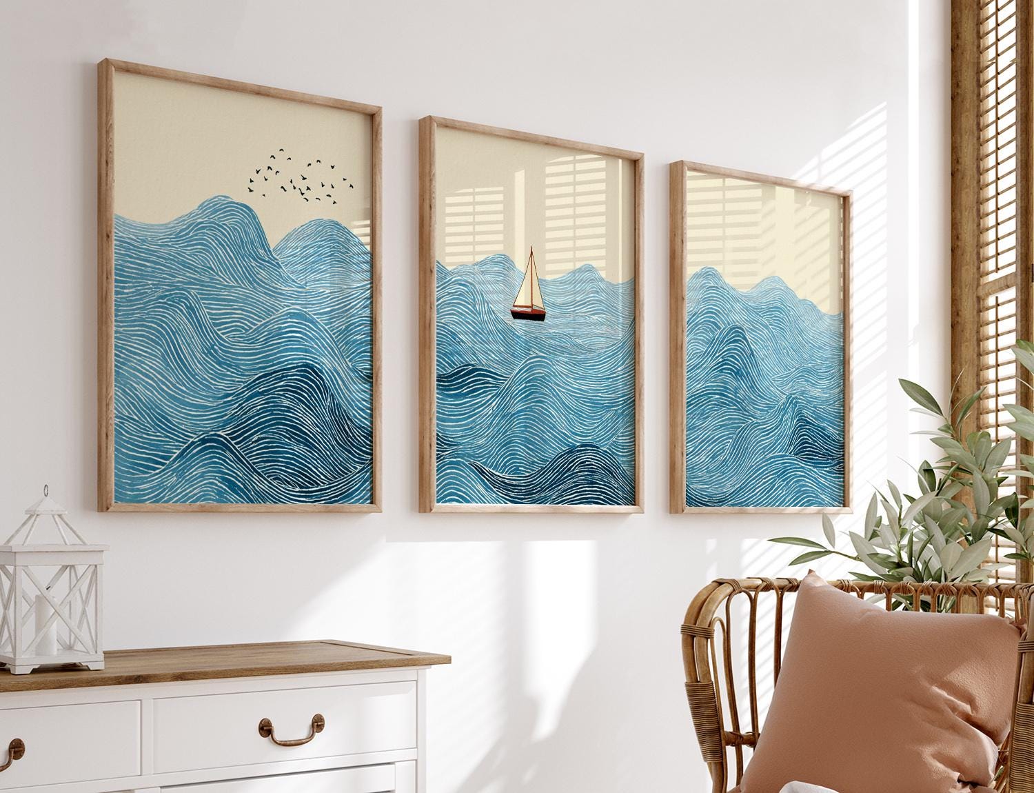 Blue Ocean Wave Wall Art Set of 3 Posters | Sailboat Coastal Triptych ...