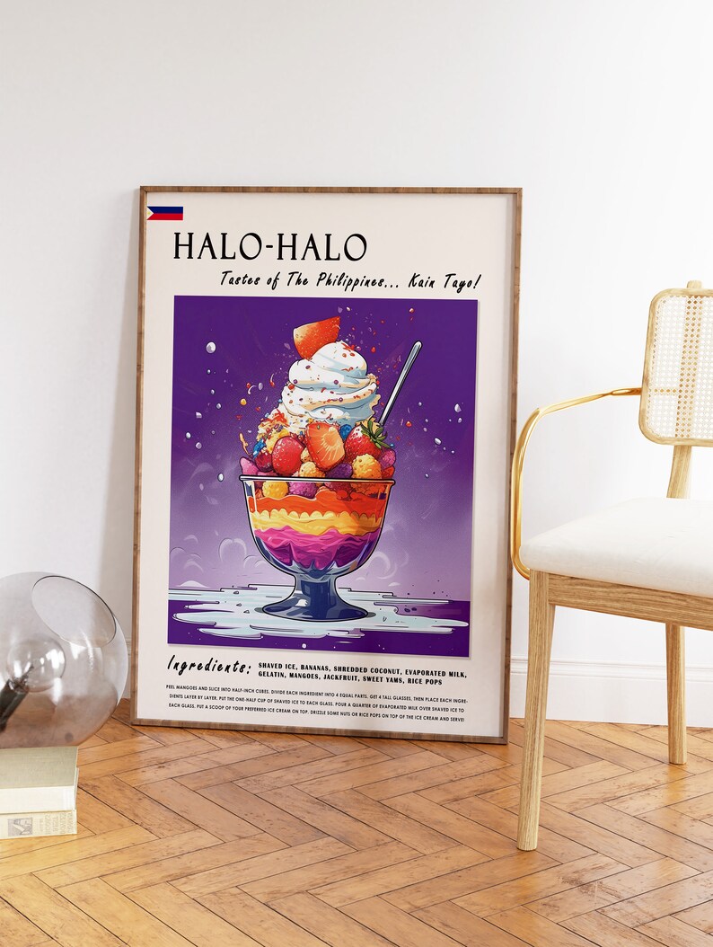 May include: A framed poster featuring a colorful illustration of Halo-Halo, a Filipino dessert. The image shows a layered dessert in a glass, topped with whipped cream and fruit. Text includes "HALO-HALO" and "Tastes of The Philippines... Kain Tayo!"
