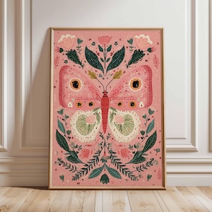 Lebendige Schmetterlingskunst Druck, Boho Botanisches Poster, Cottagecore Wandkunst, Rosa & Grüne Galeriewand, moderne Volkskunst, Naturliebhaber Geschenk
