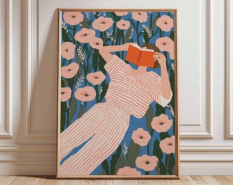 Woman Reading Floral Print | Modern Book Lover Art