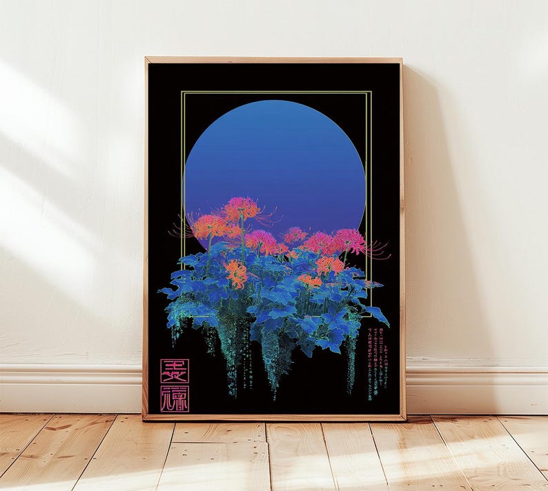May include: Framed art print featuring a stylized floral arrangement with a large blue circle in the background. The flowers are pink and orange, with blue and green foliage. The artwork is set against a black background.