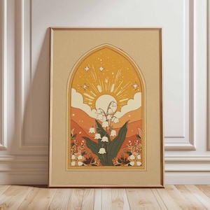 Mystical Lily of the Valley Poster, Boho Botanical Wall Art, Cottagecore Decor, Eclectic Retro Floral Print, Unique Nature Aesthetic