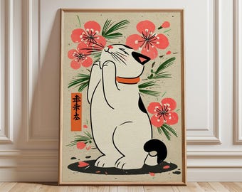 May include: A framed art print featuring a stylized white cat with black markings and an orange collar, set against a backdrop of pink cherry blossoms and green leaves. The print includes Japanese text in an orange rectangle.