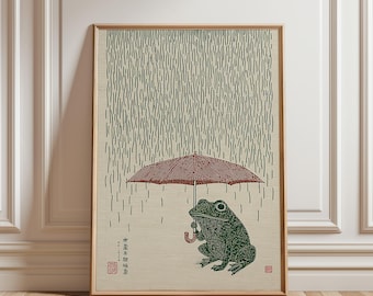 Póster de rana japonesa con paraguas, impresión artística en xilografía