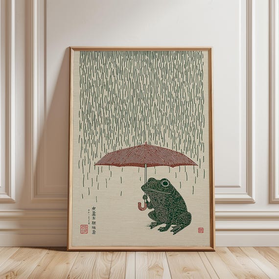 Japanese Frog with Umbrella Poster, Woodblock Art Print