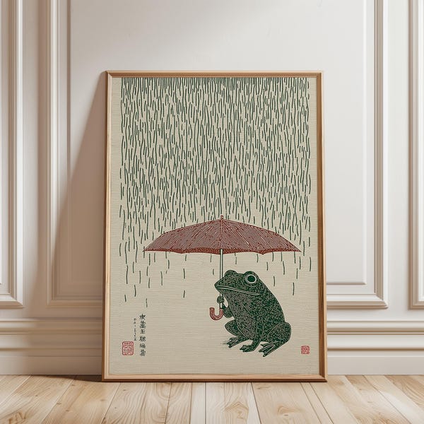 Poster Grenouille japonaise avec parapluie, impression d'art sur bois