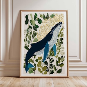 Whale Poster, Ocean Wall Art Print, Marine Life Decor, Animal Lover Gift, Nautical Print
