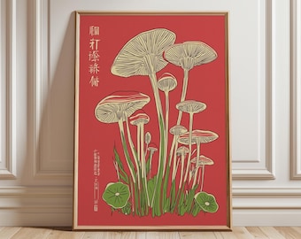Japanese Mushroom Botanical Print, Red Nature Wall Art