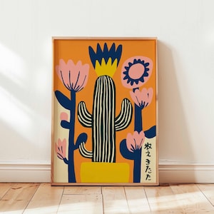 Mexikanisches Kaktus Poster mit japanischem Einfluss, Retro botanische Wandkunst Druck, buntes Wüstenpflanzendekor, moderne minimalistische Kaktuskunst